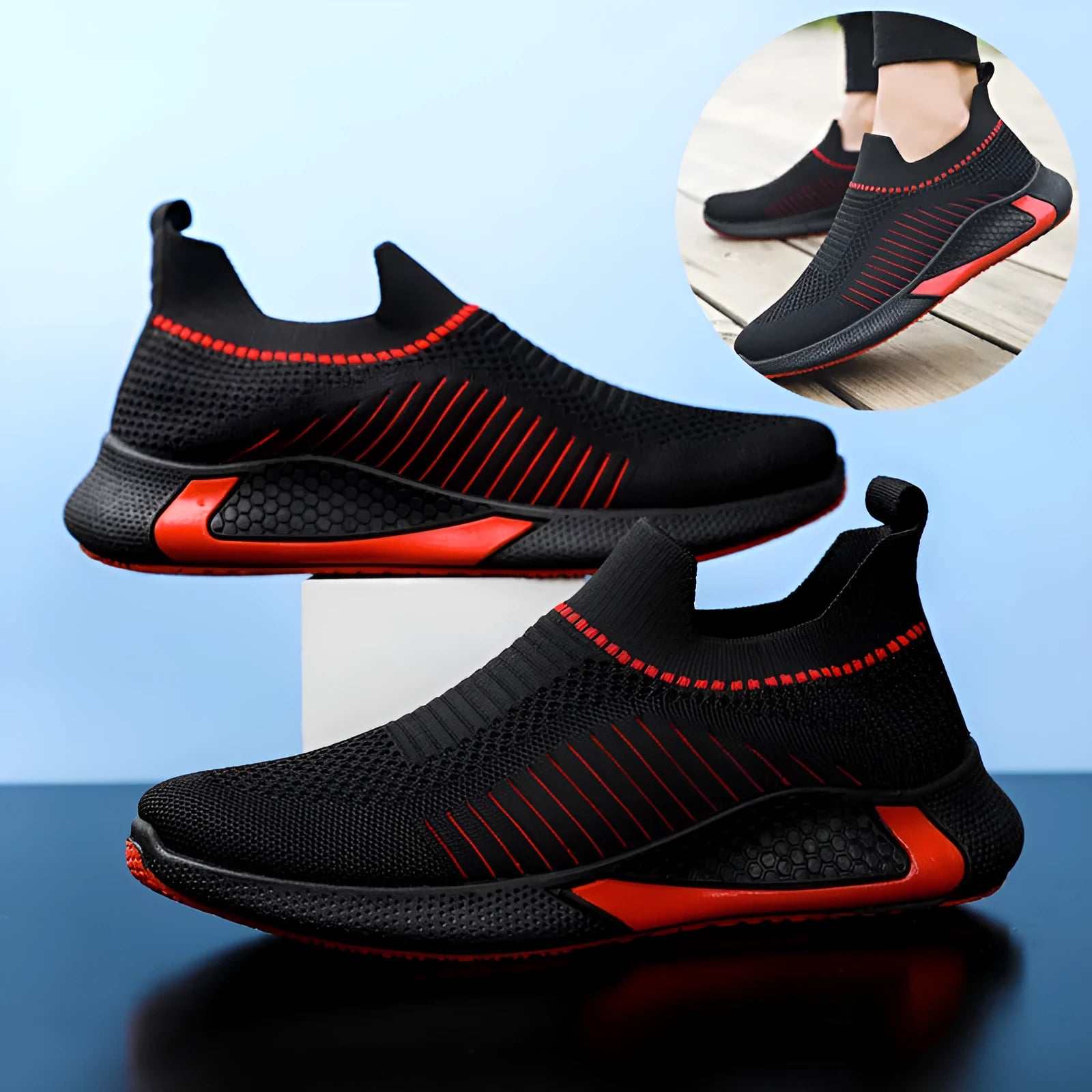 Men's mesh sock slip-on sneakers with striped design and flyknit upper in black colour