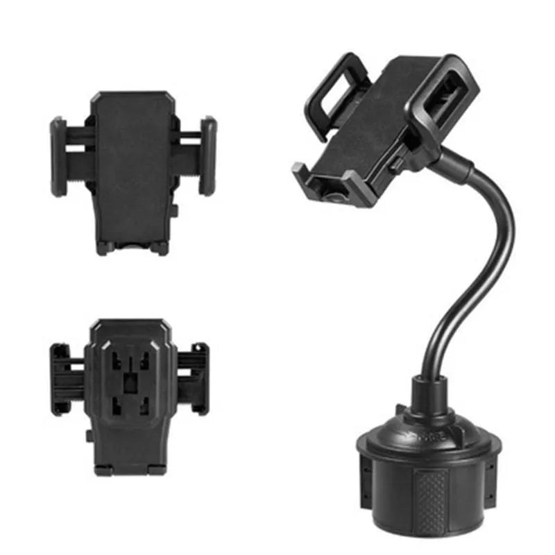Black universal car phone mounting bracket with adjustable side handles, shown with suction cup and clip hook attachments