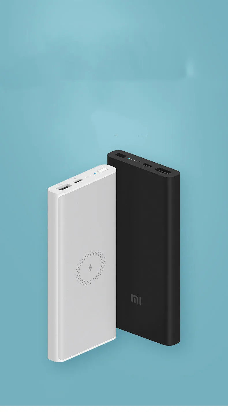 White 10000mAh power bank showing USB-C port and wireless charging symbol