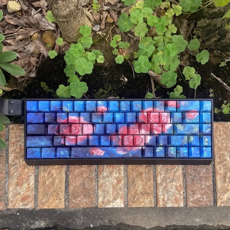 Oil painting style side carving transparent PBT keycaps in rose colour, 130 pieces for mechanical keyboards