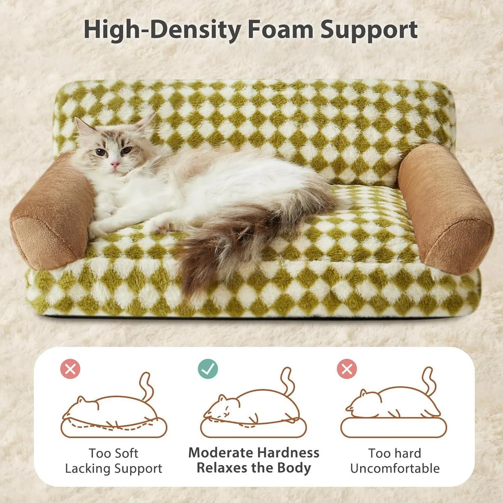 Small grey and white checkered pet sofa bed for a cat, showing non-slip bottom and removable cover.