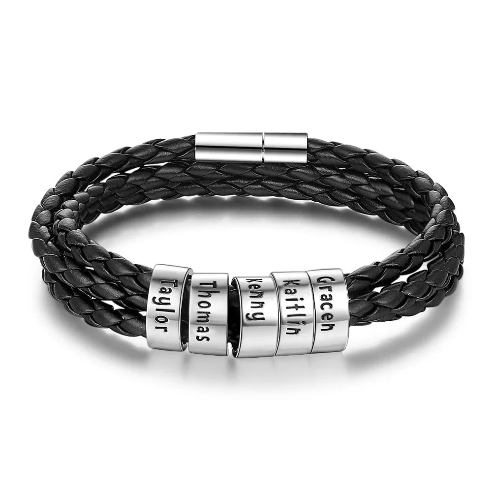 Personalized leather bracelet with engraved name charm for men, featuring a braided design and stainless steel beads