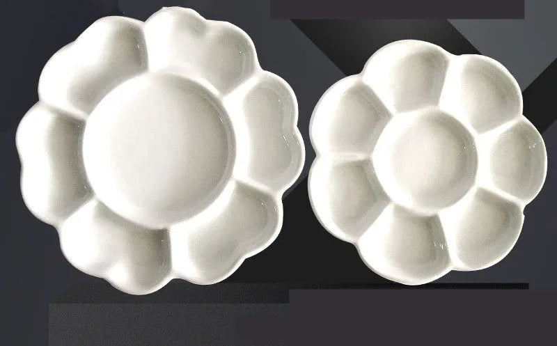 White ceramic painting palette with plum blossom design, shown in 6 inch, 7 inch, and 8 inch size options.