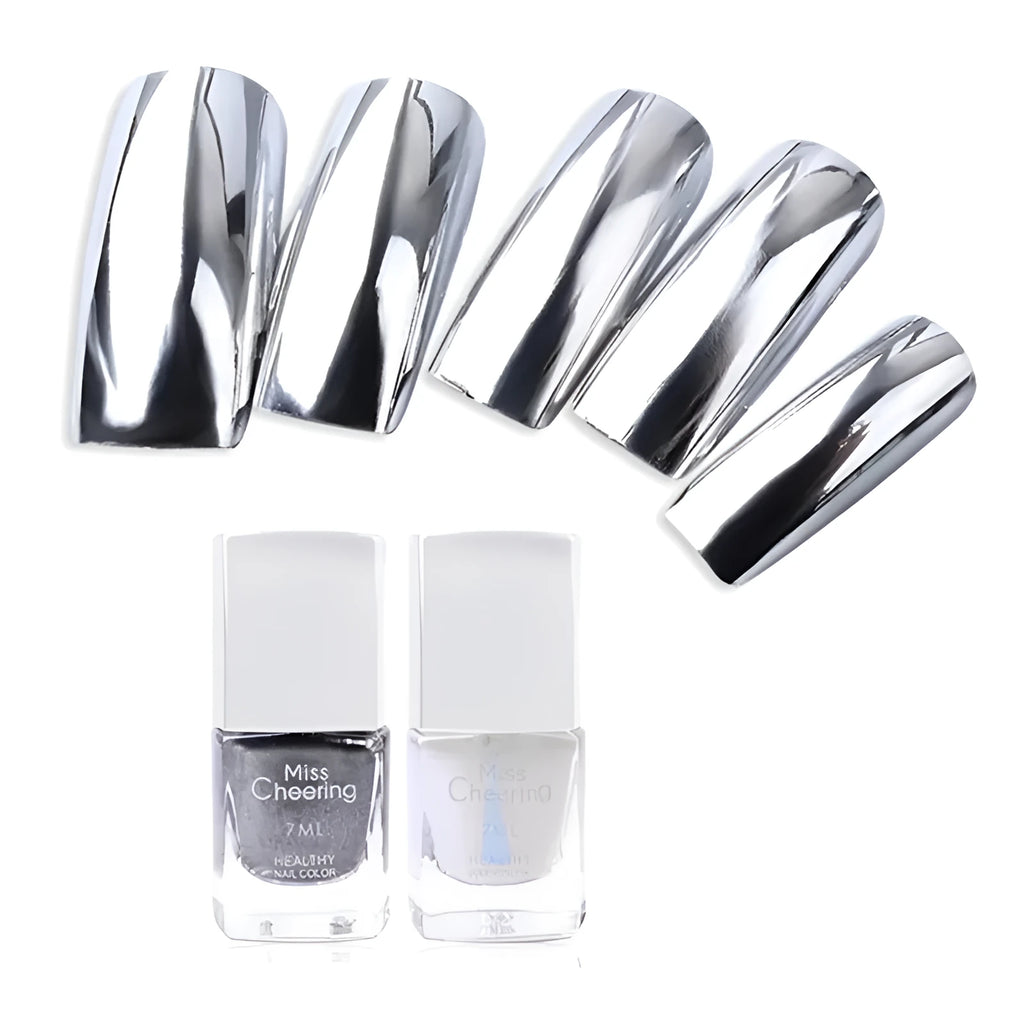 Mirror Nail Polish bottle with brush applicator for reflective metallic silver-tone nail finish