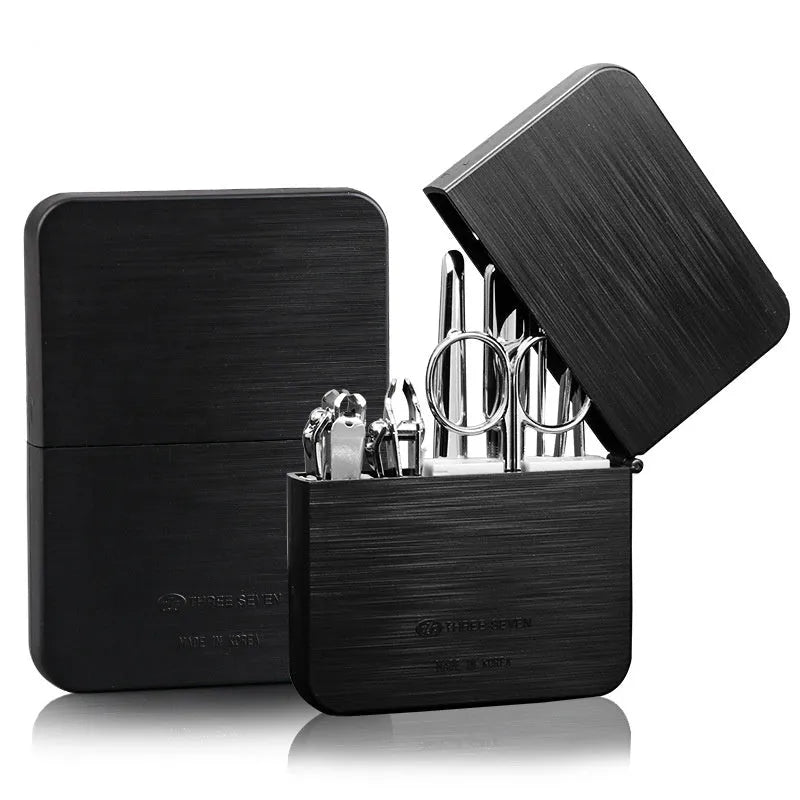 Carbon steel nail clippers set with diagonal cut, flat cut, dead skin shovel, nail file, eyebrow clip, ear pick, and eyebrow scissors