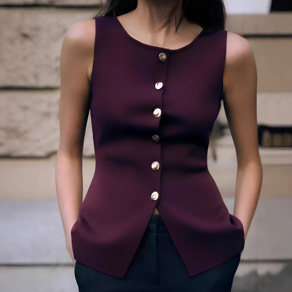 Dark red slim-fit viscose sweater vest with a 3D pattern on a hanger.