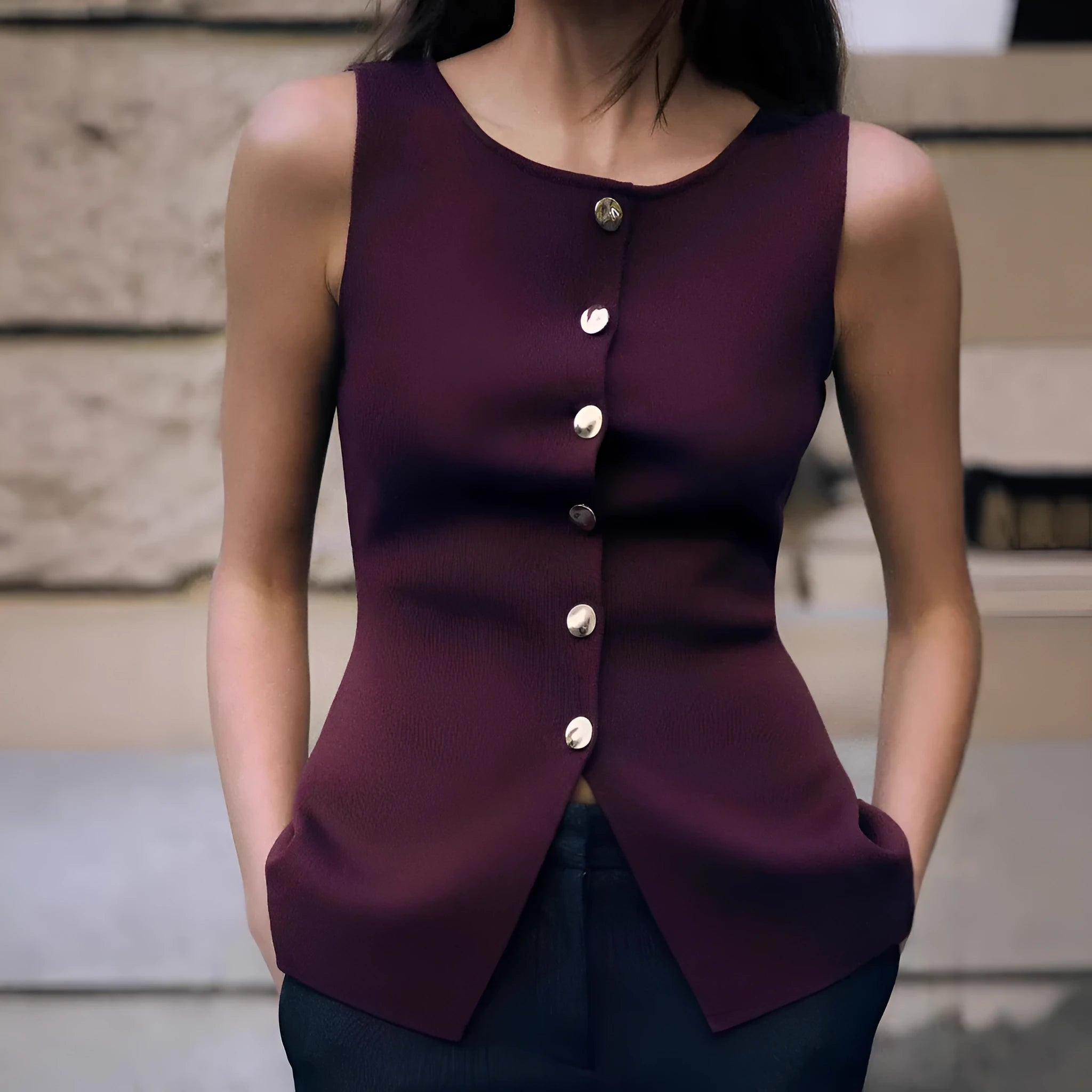 Dark red slim-fit viscose sweater vest with a 3D pattern on a hanger.