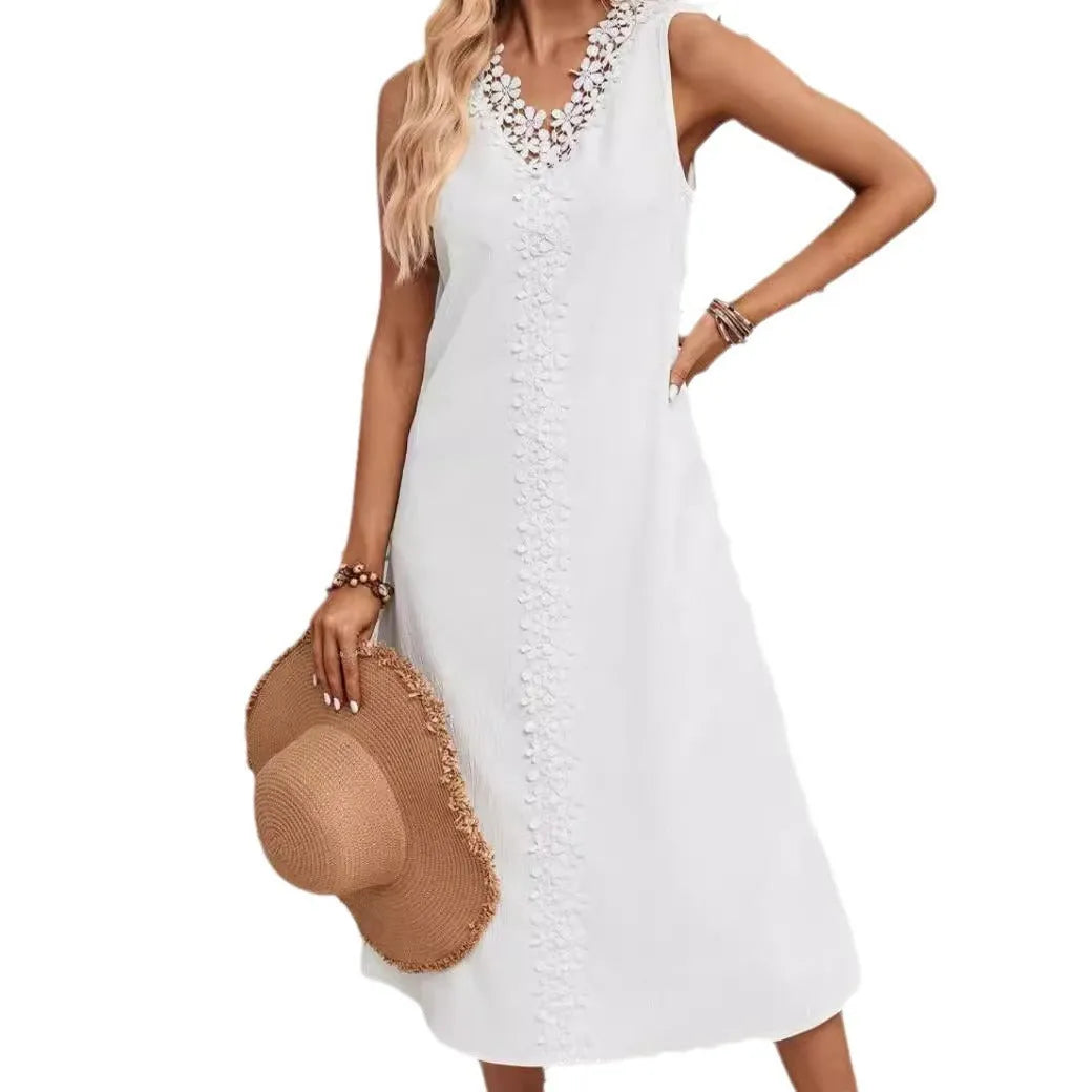 Women's sleeveless lace long patchwork dress with A-line skirt and crocheted flowers in white or black