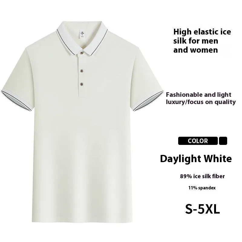 Short sleeve waiter work shirt in black polyester-acetate fabric with regular sleeves, front view on model.