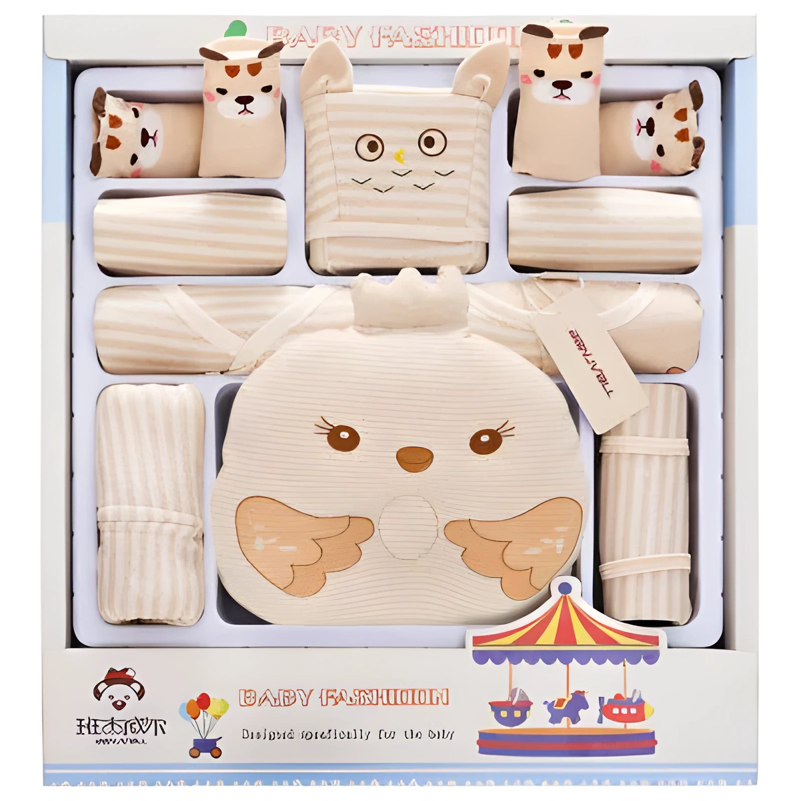 Beige cotton baby clothes set with cartoon animal prints for newborns 0-1 year