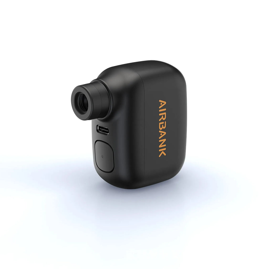 Black electric bicycle tyre inflator pump with USB charging cable and waterproof storage bag