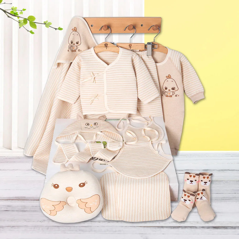 Beige cotton baby clothes set with cartoon animal prints for newborns 0-1 year