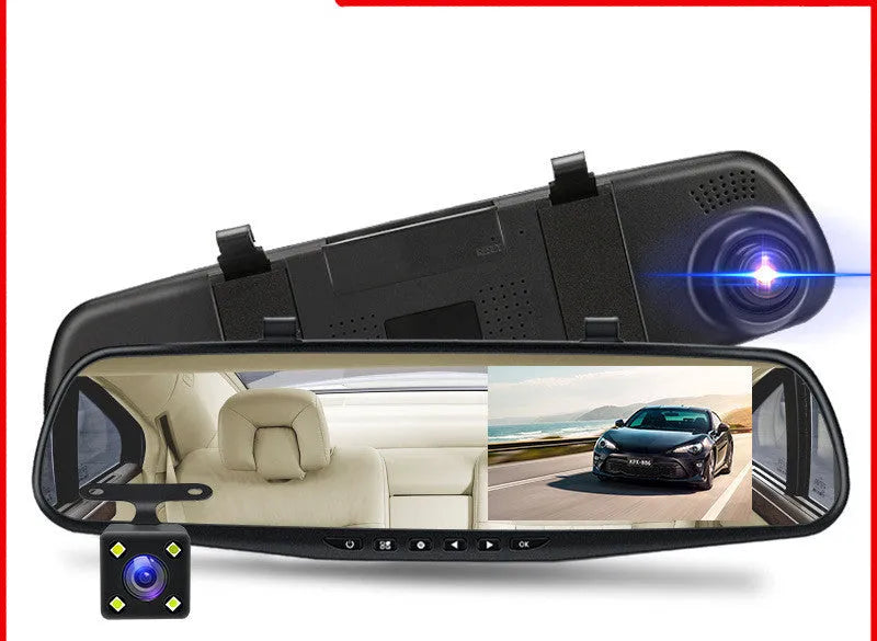 Black car driving recorder with 4.3-inch screen and 170° wide-angle lens mounted on a rearview mirror