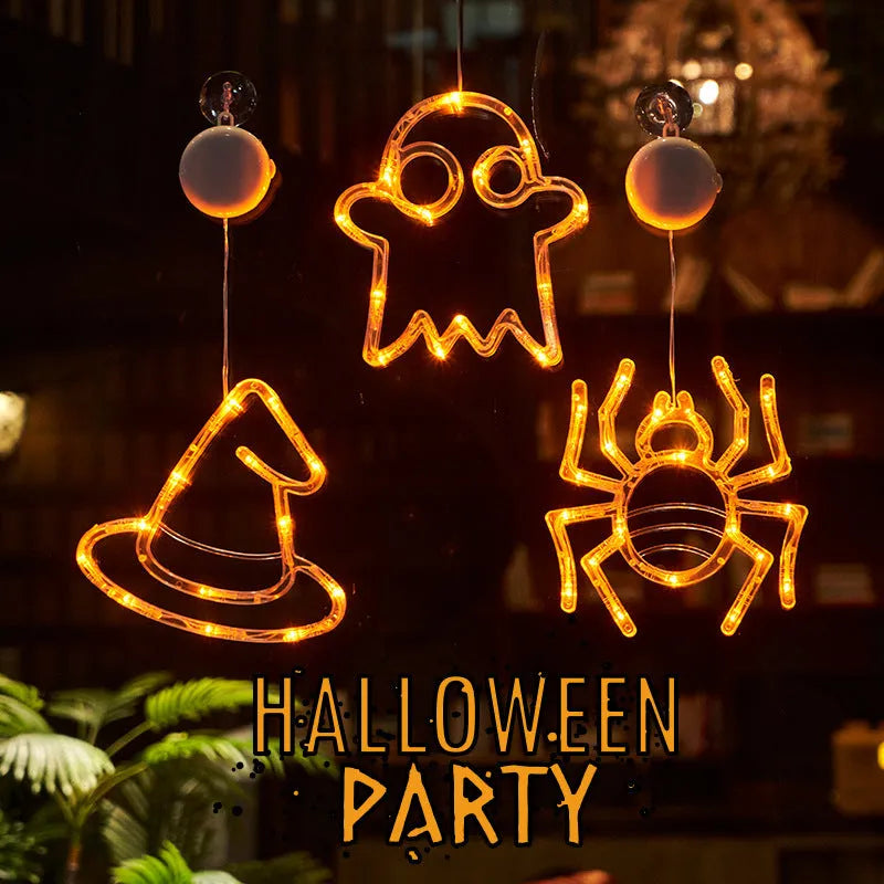 Halloween window hanging LED lights set with spider, pumpkin, and ghost shapes