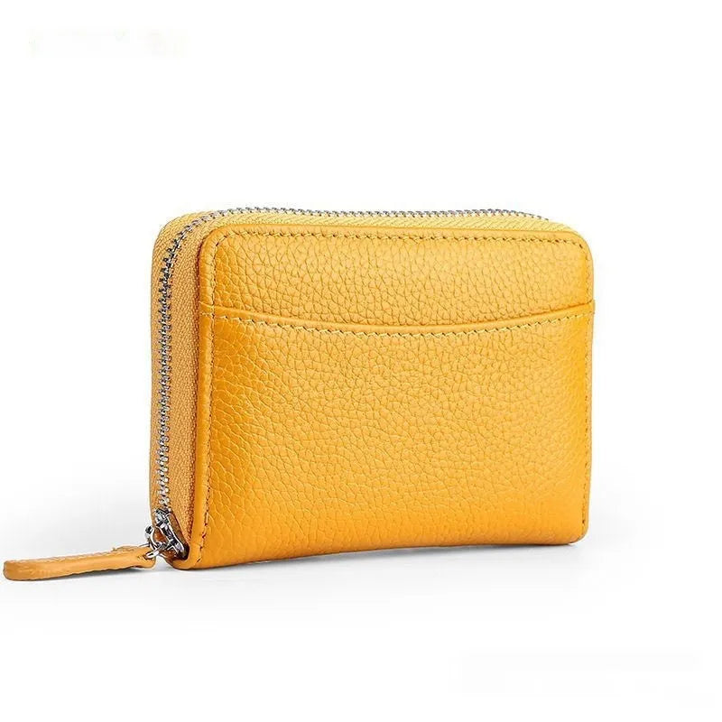 Genuine leather coin purse with zipper closure shown in multiple colour options
