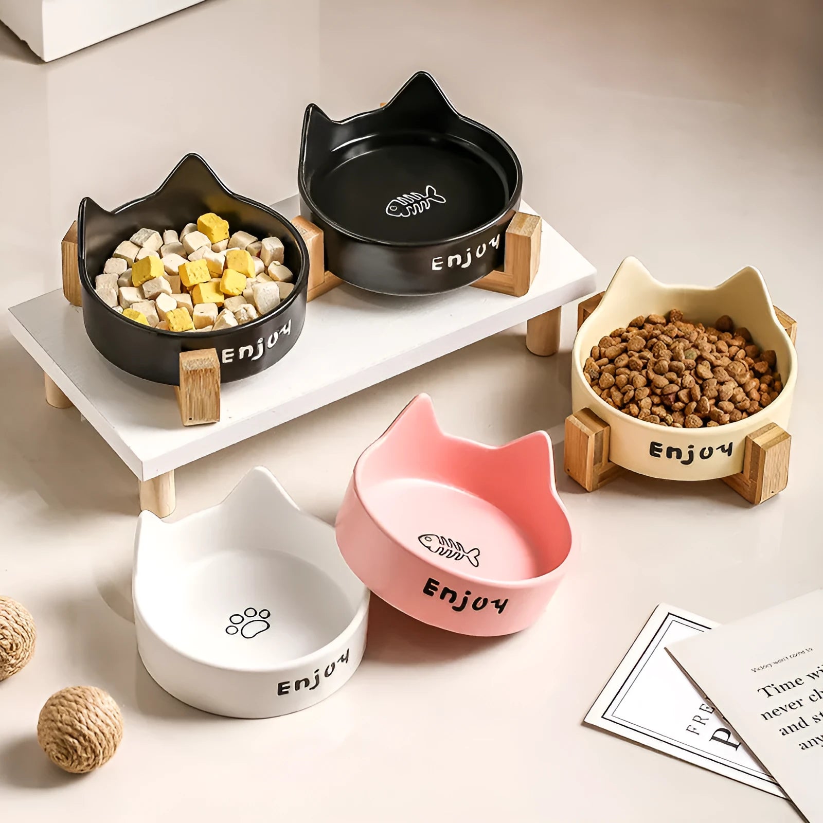 Porcelain cat bowl with cat ears rim and wooden anti-tumble frame in selected colour