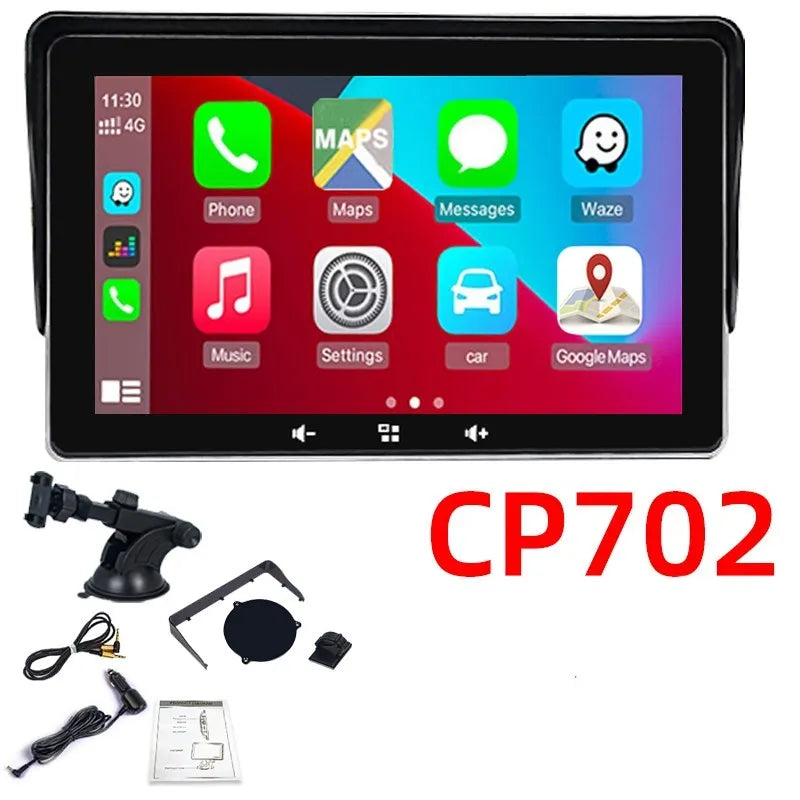 7 inch universal wireless CarPlay display with cigarette lighter power adapter and suction cup mount