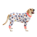 Cotton dog jumpsuit with cartoon print on small dog showing full-body coverage