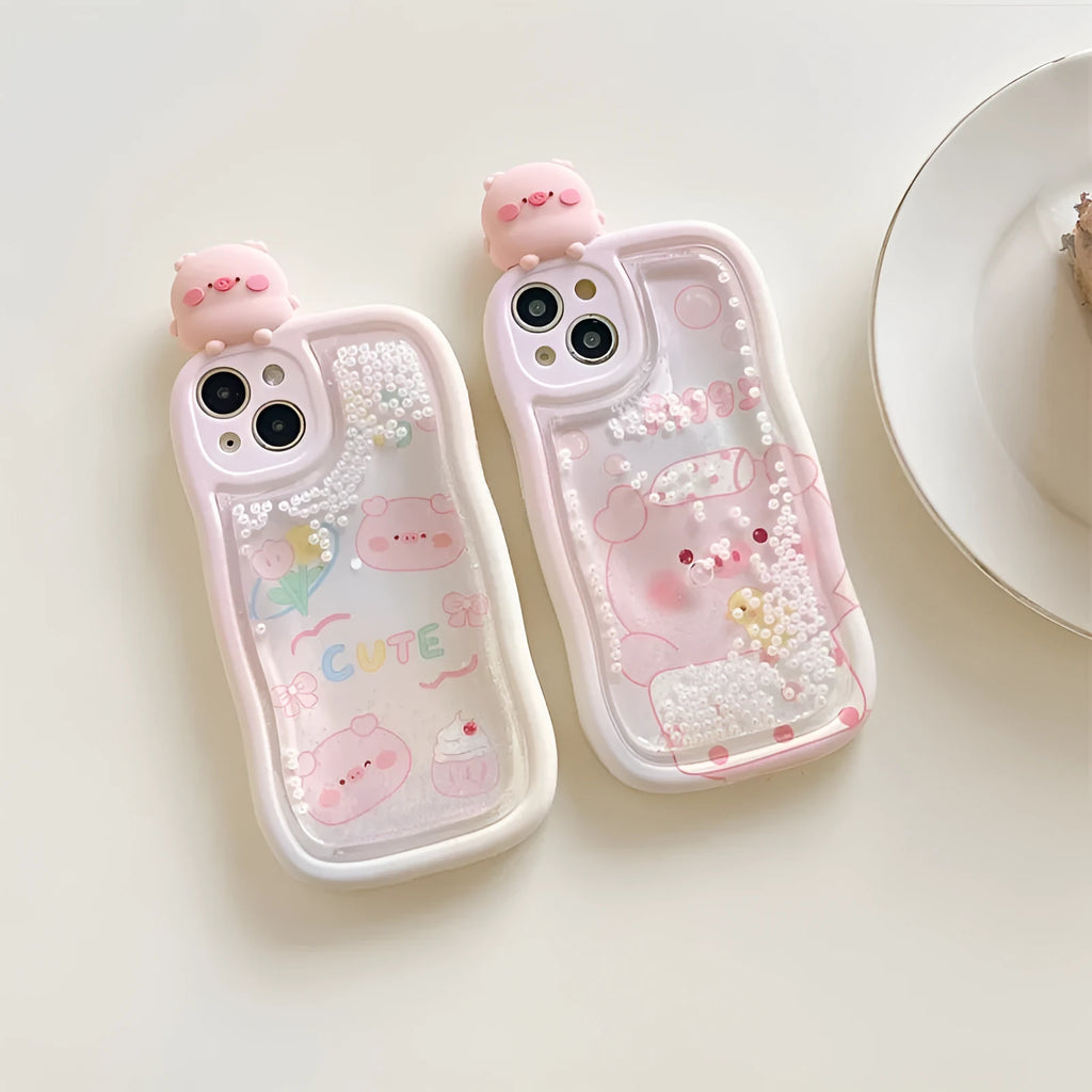 Pink lying pig quicksand phone case for iPhone with moving liquid inside water bag