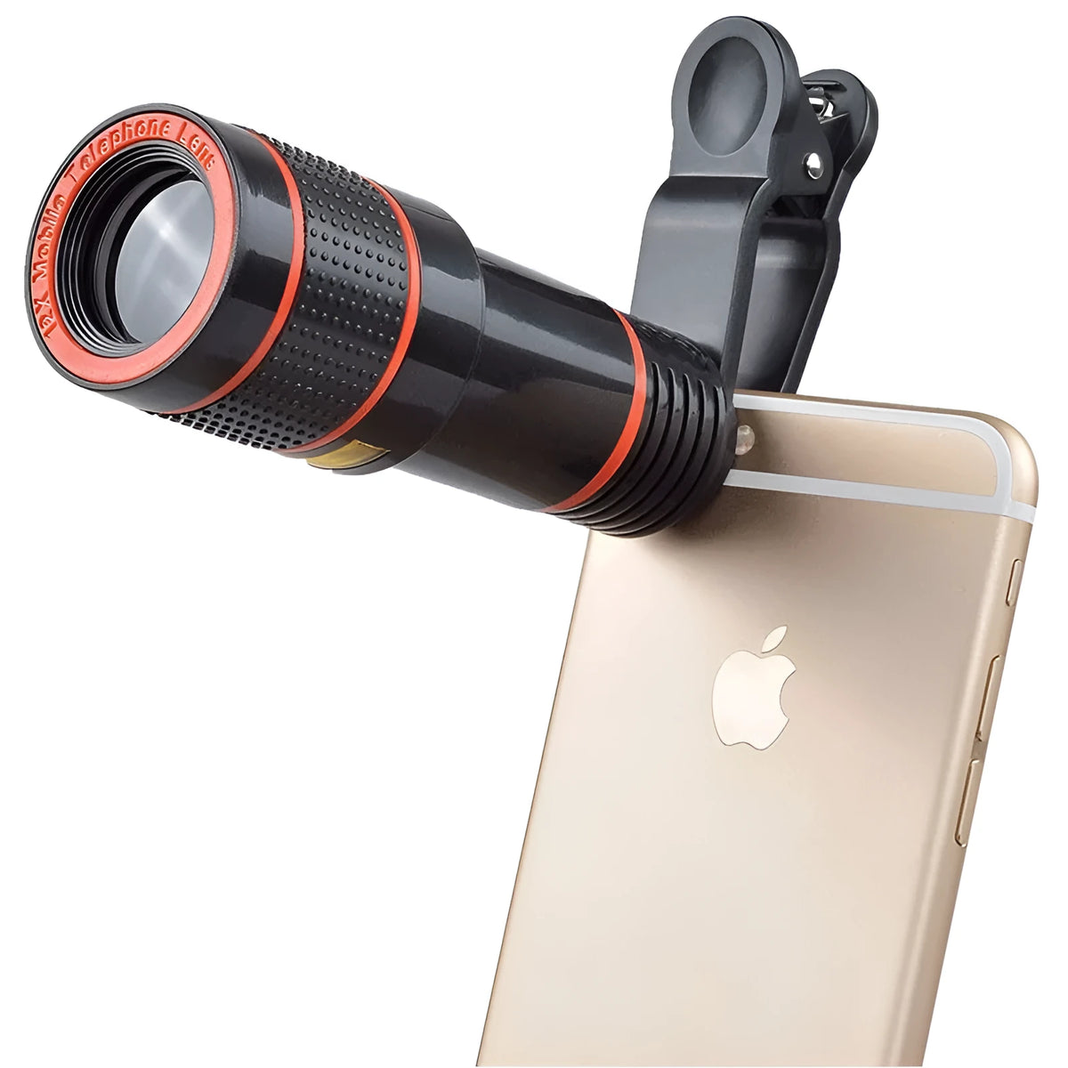 A black 12X phone telescope lens next to a universal mounting clip and cleaning cloth on a table.