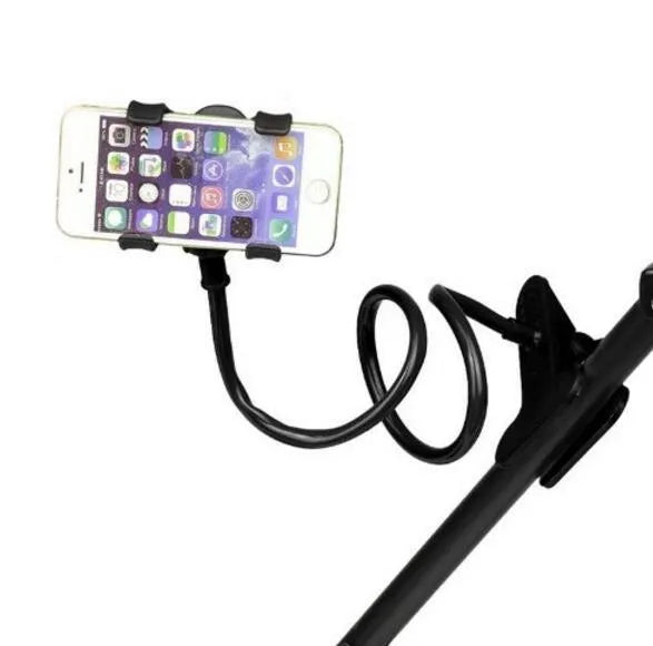 Black portable phone holder with long flexible arm and V-clip mounted on a bed frame.
