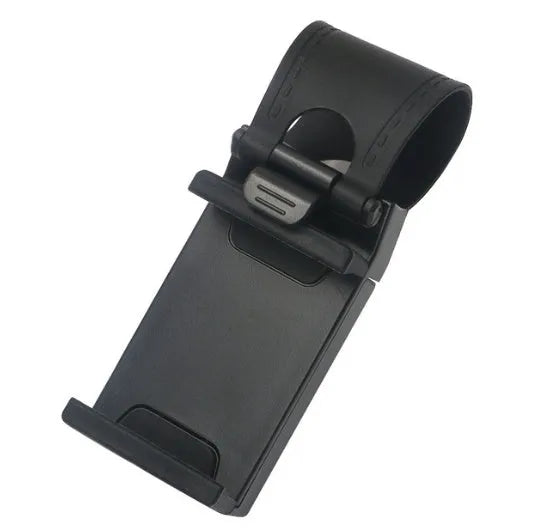 Black car steering wheel clip mount holder with universal phone cradle for multiple smartphone brands
