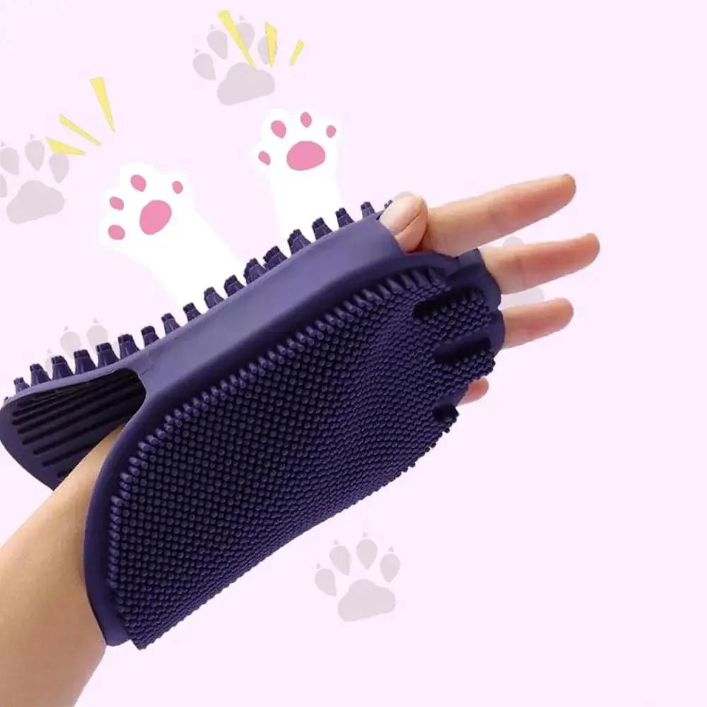 Purple pet shampoo brush with soft bristles and ergonomic handle for dog and cat grooming
