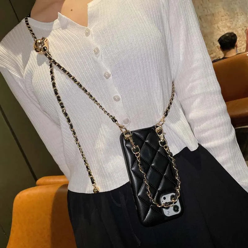 Xiaoxiangfeng imitation leather iPhone case with adjustable messenger strap and golden ball detail