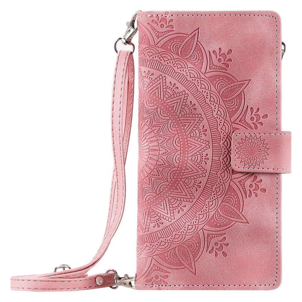 Embossed totem PU leather flip wallet phone case for iPhone with card slots and zipper in black, blue, green, pink, red, or purple.