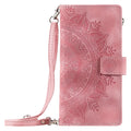 Embossed totem PU leather flip wallet phone case for iPhone with card slots and zipper in black, blue, green, pink, red, or purple.