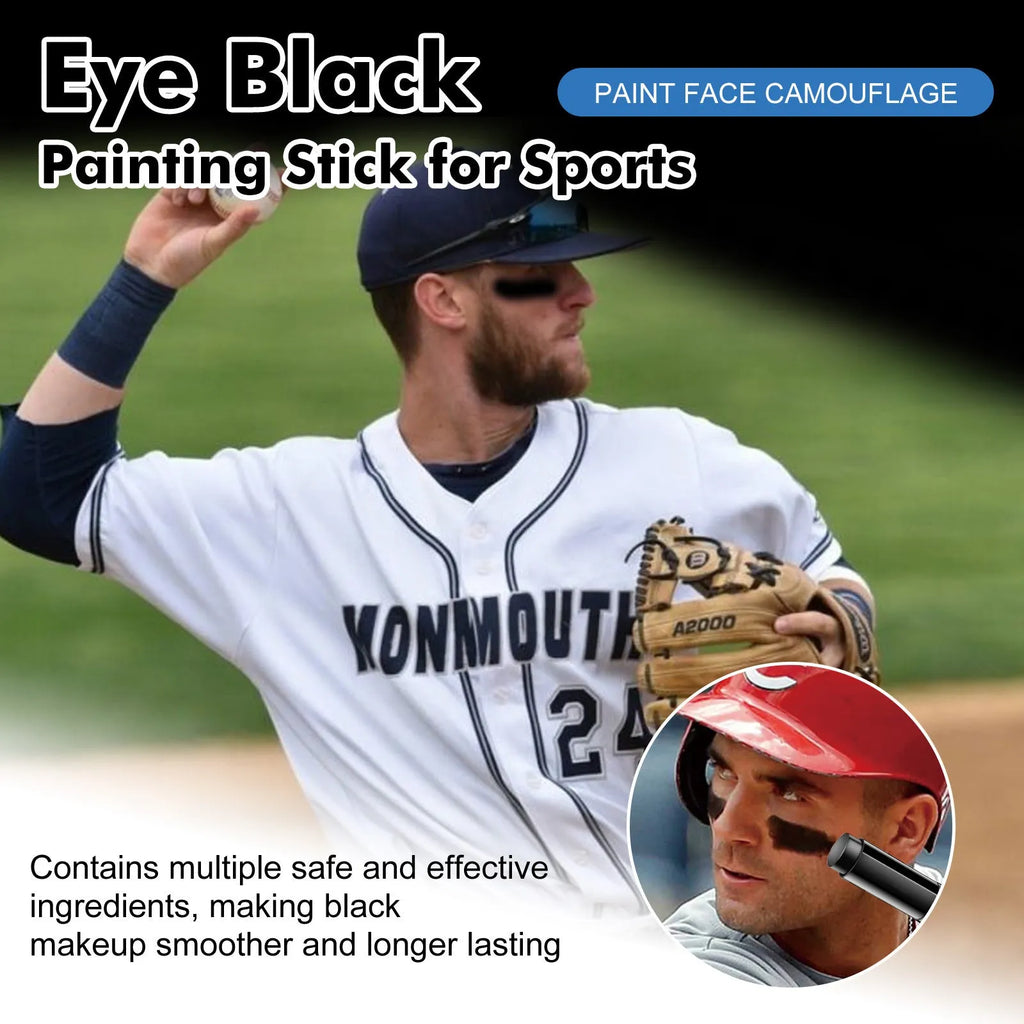Sports eye black paint stick in compact 8.6cm case for sweat-proof glare reduction.