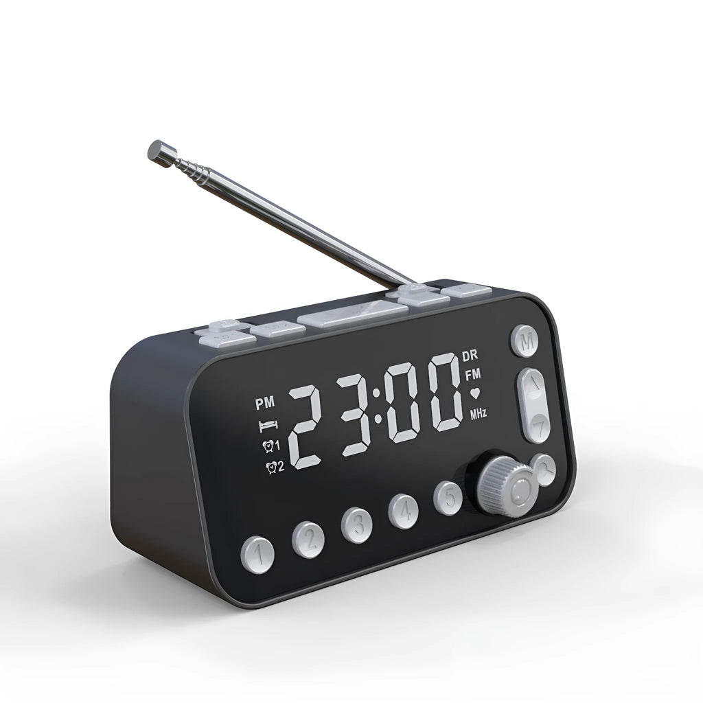 Black DAB+ bedside alarm clock with large LED display, upgrade pig tail antenna, and two USB charging ports.