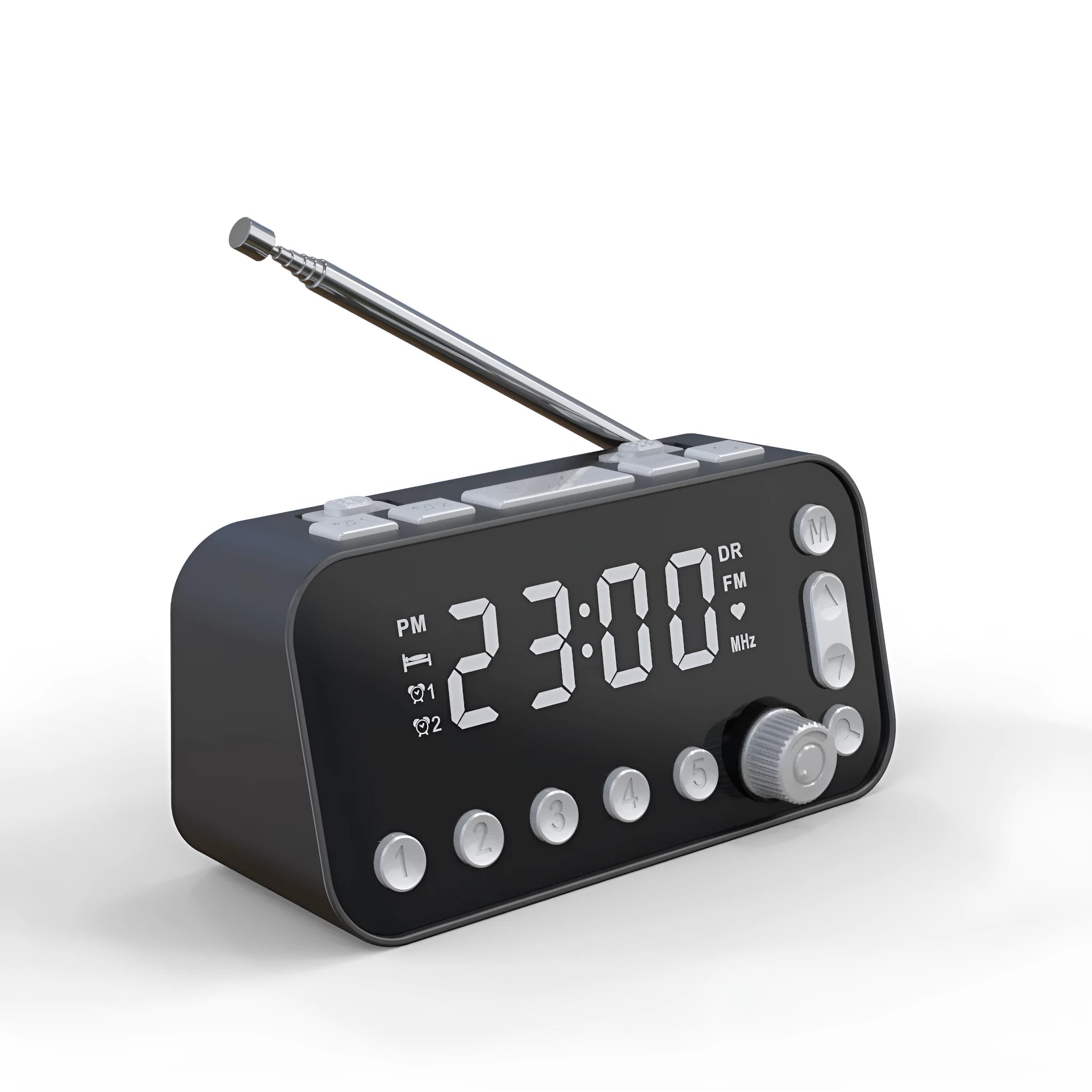 Black DAB+ bedside alarm clock with large LED display, upgrade pig tail antenna, and two USB charging ports.