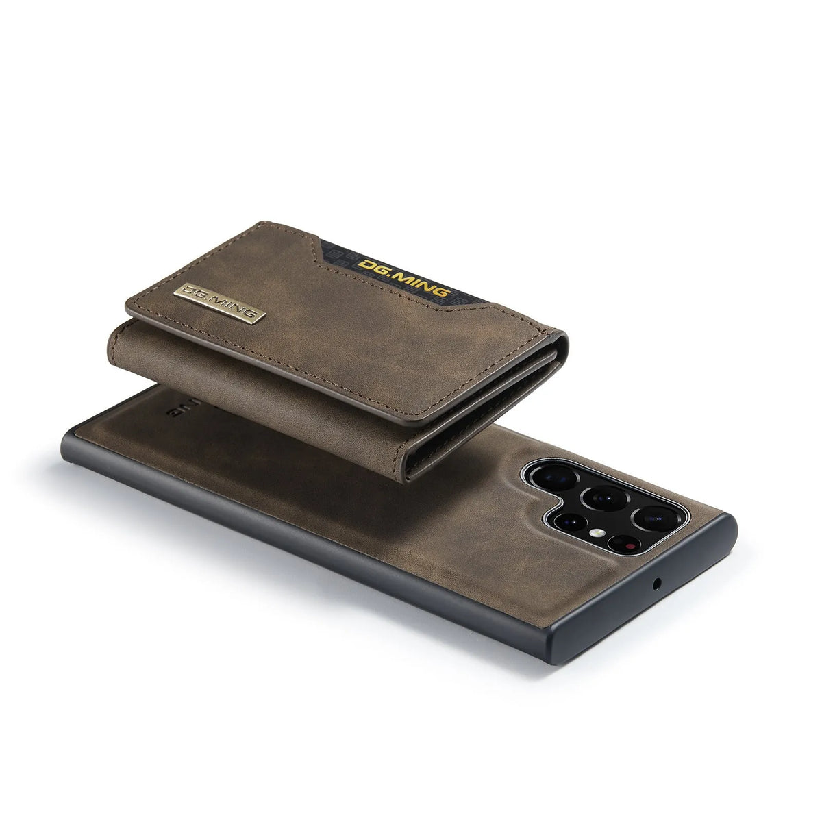 Magnetic card holder 2-in-1 wireless charging case for Samsung, black PU leather, card slot visible.