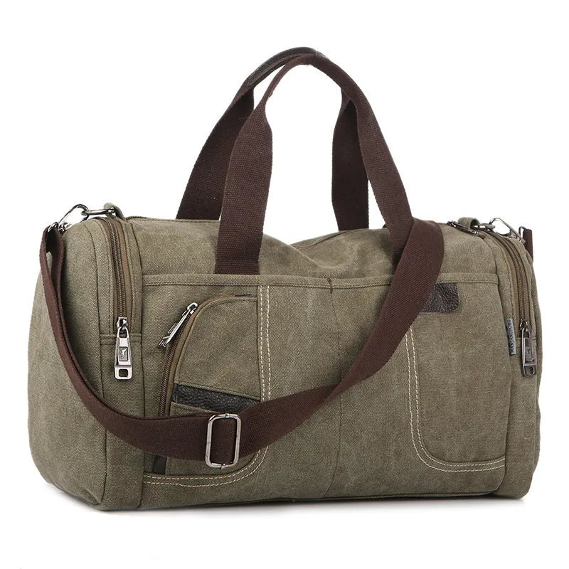 Horizontal square canvas shoulder bag with zipper closure and multiple pockets in khaki colour
