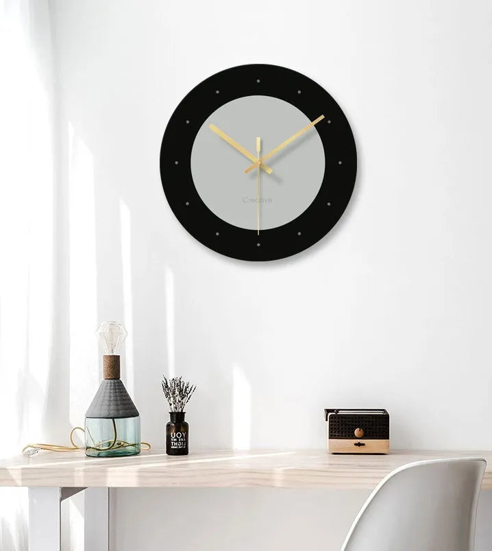 Minimalist transparent tempered glass wall clock with silent movement, 29.5cm diameter, on a light wall.