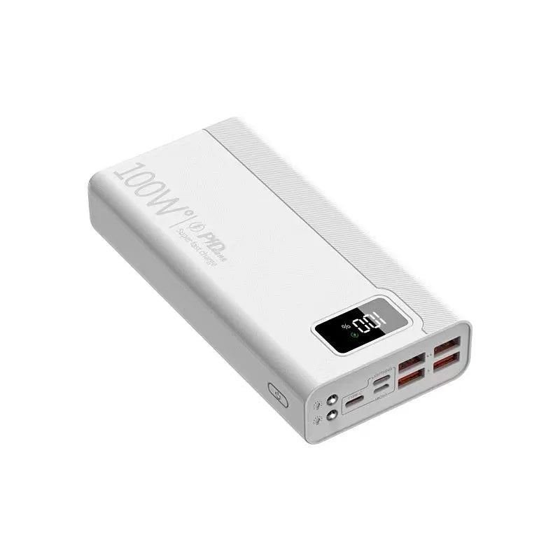 Black and white large capacity power bank with fast charging function showing dimensions