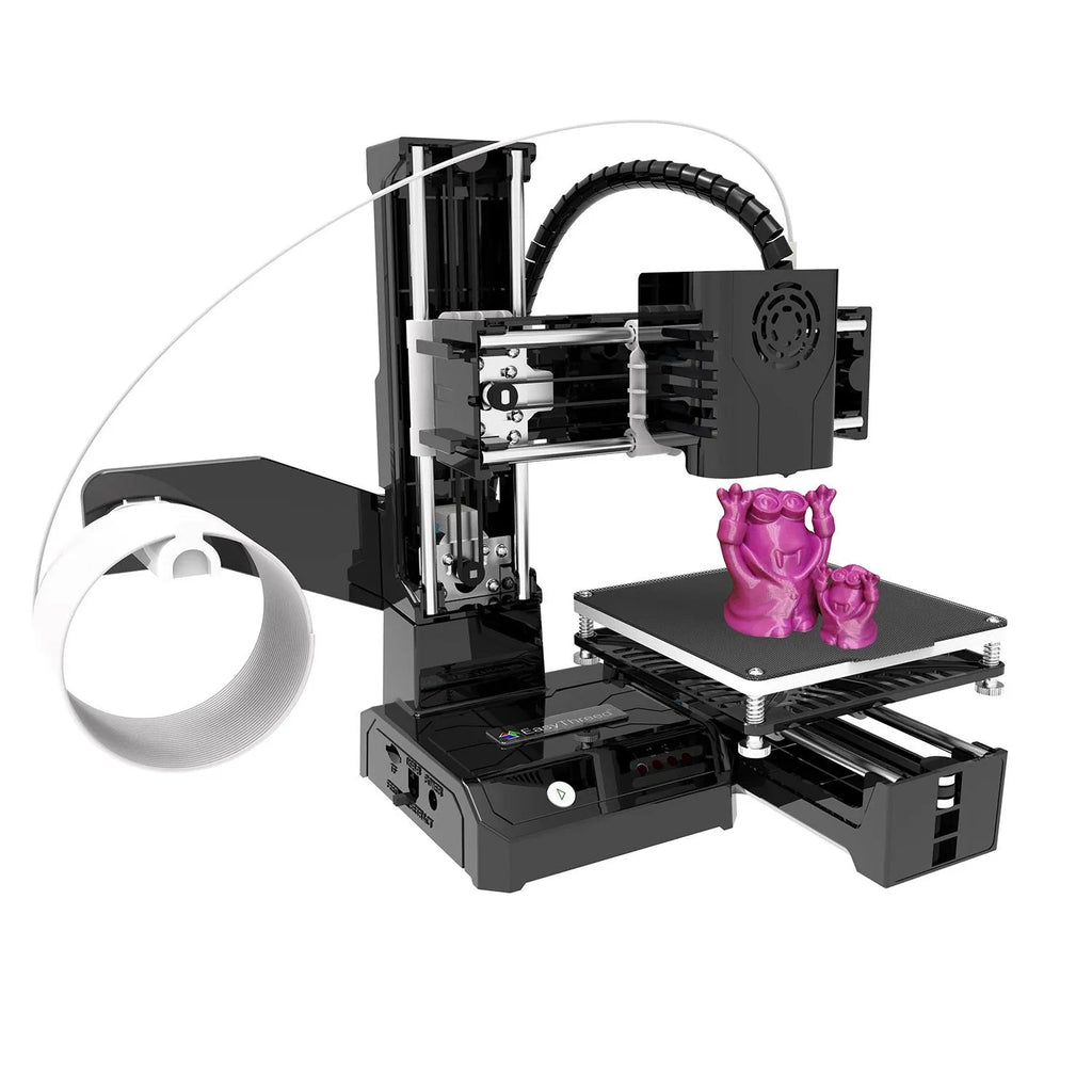 K9 Mini FDM 3D Printer in black or blue, showing compact design with 100mm print bed for PLA toy and model creation.