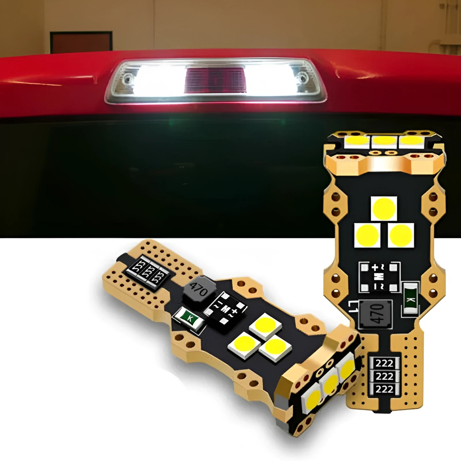 T15 automotive reverse light bulb with white 6000K colour temperature and PVC housing