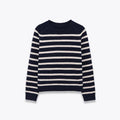 Women's loose striped knit sweater pullover with colour block patchwork in apricot and black, round neck long sleeves