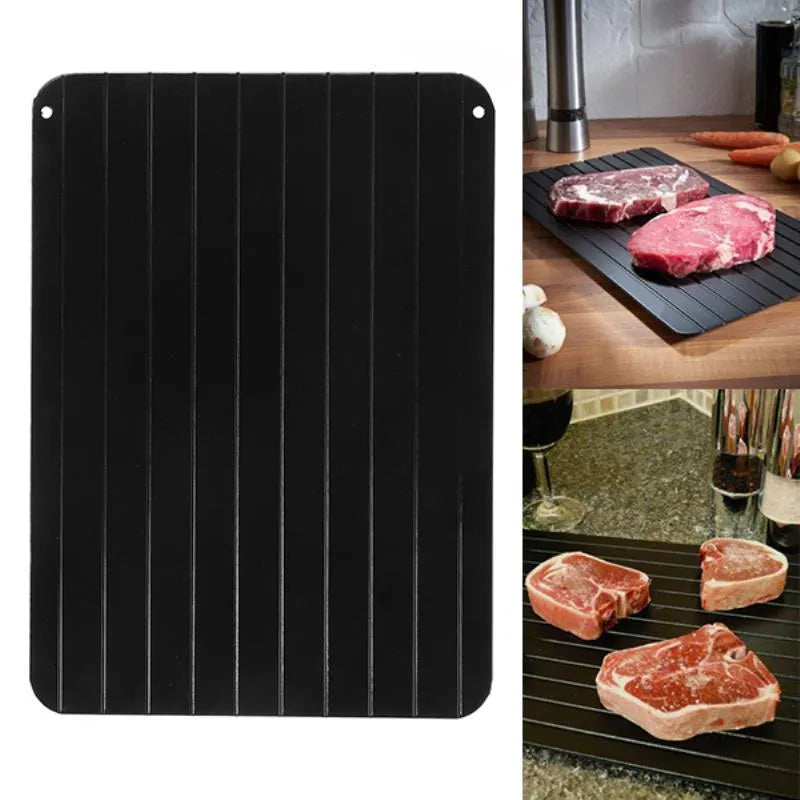 Black aluminium fast defrosting tray for kitchen use on a countertop