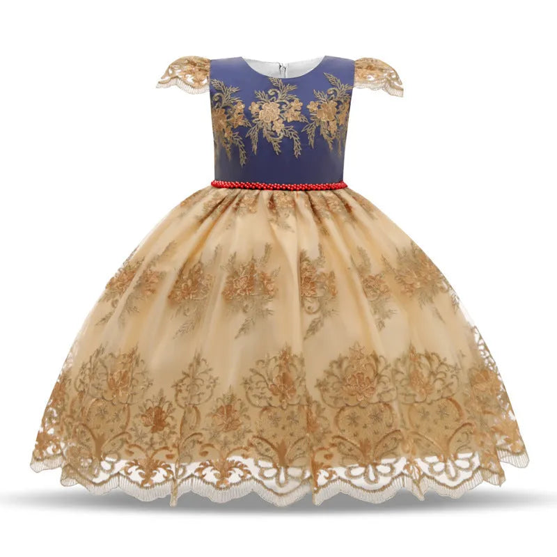 Blue girls puffy princess dress with lace bow on front, cotton blended fabric, European style, size 110cm for age 3-4