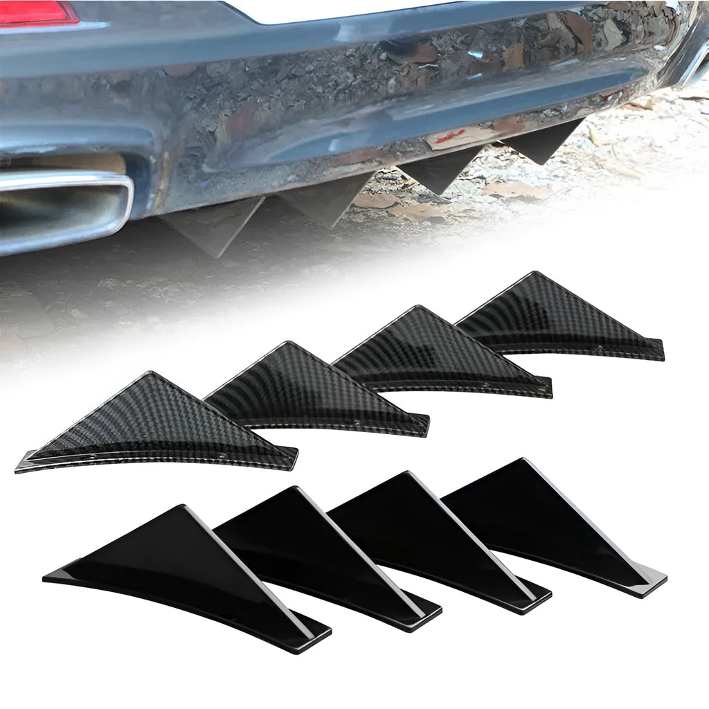 Four triangle car rear spoilers in bright black and carbon fibre finishes