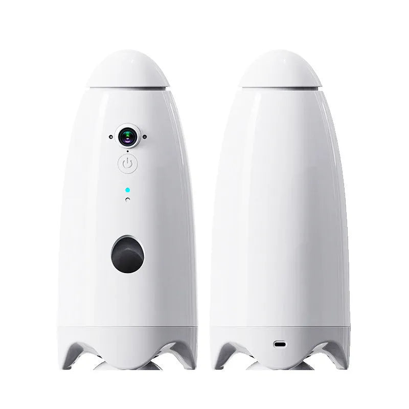 White automatic pet feeder for dogs and cats with camera, 200g capacity, 270 x 120mm