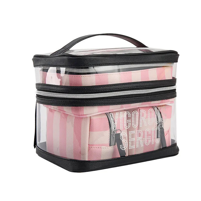 Pink bold stripe floral pattern buggy bag makeup kit with synthetic leather and waterproof lining