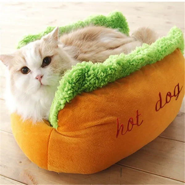 Hot dog shape pet kennel bed with PP cotton filling, short plush surface, removable washable cushion and non-slip bottom