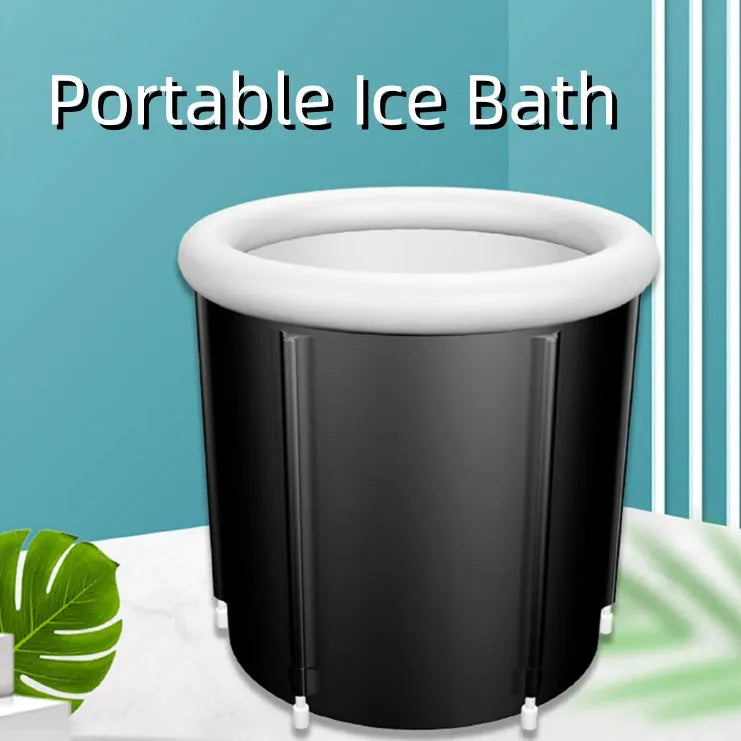 Black portable inflatable ice bath tub measuring 70x80cm with weather lid and drainage components
