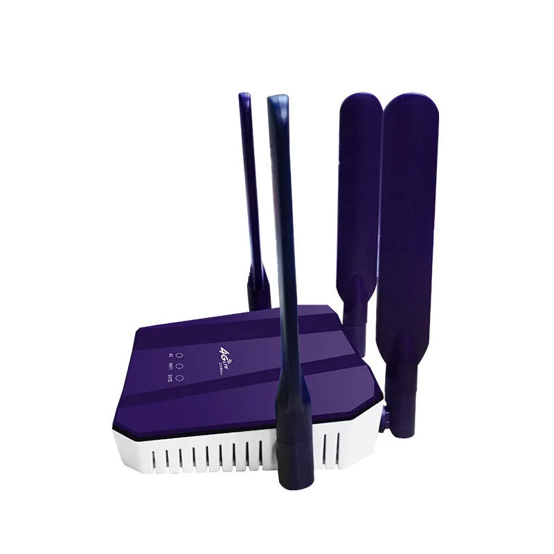 Blue 4G dual-mode router with four external antennas on a desk.