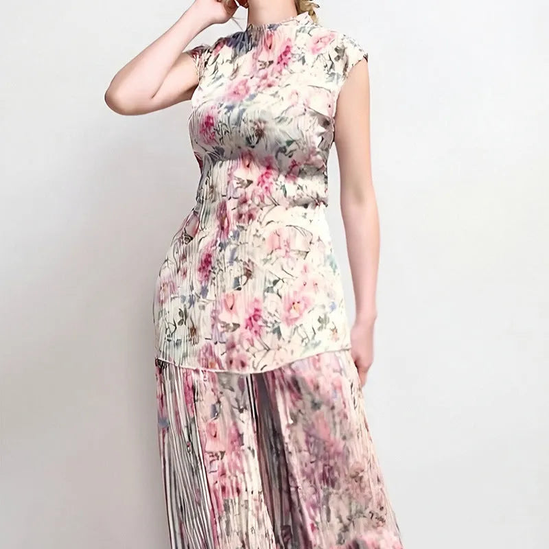 Long sleeve printed chiffon dress two-piece set with high waist skirt in picture colour