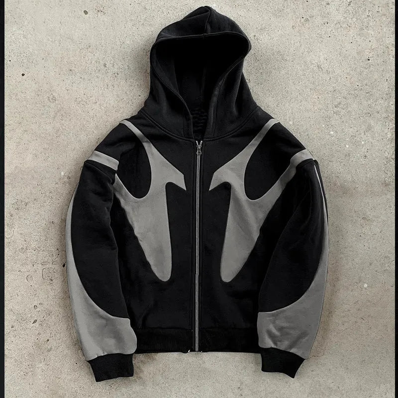 Geometric pattern stitching hooded cardigan zipper sweater in polyester black